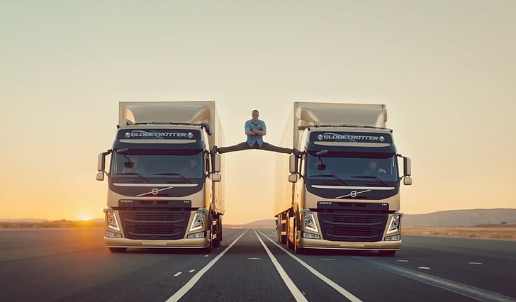 two gray box trucks, Jean-Claude Van Damme, actor, commercial, HD wallpaper