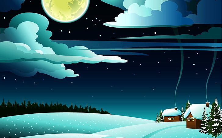 night, Moon, winter, artwork, sky, nature, no people, snow, HD wallpaper