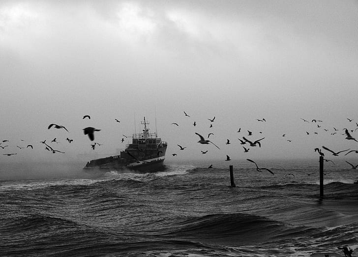 grey scale photo of ship on sea under dark sky, Fog, Olympus OM-D E-M5
