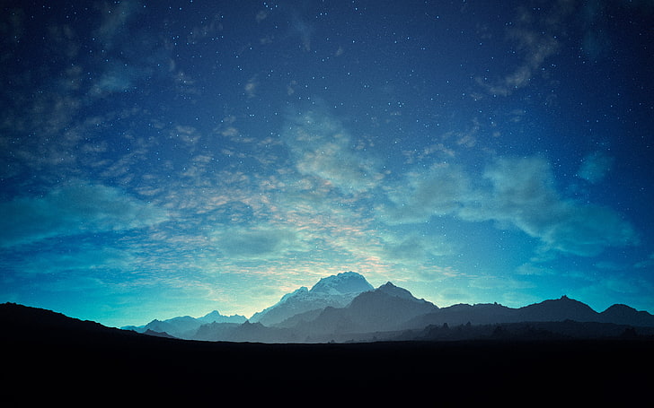 silhouette of mountain under cloudy blue sky, silhouette photo of mountains under blue sky and white clouds