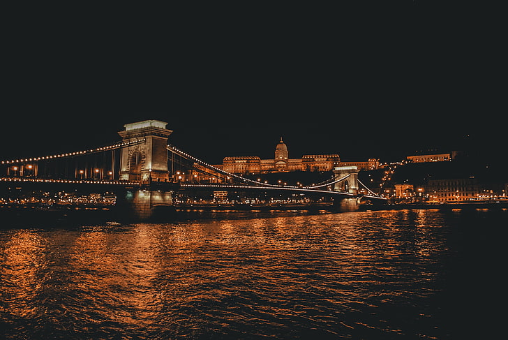 bridge with lights, city, Budapest, night, water, Chain Bridge