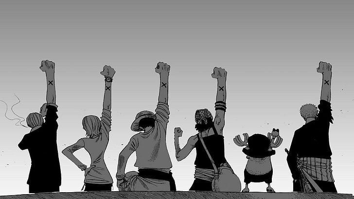 anime, Arms Up, back, Monkey D. Luffy, monochrome, Nami, One Piece