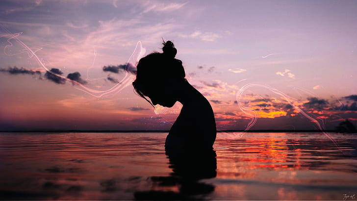 silhouette, women, sunset, Pacific Ocean