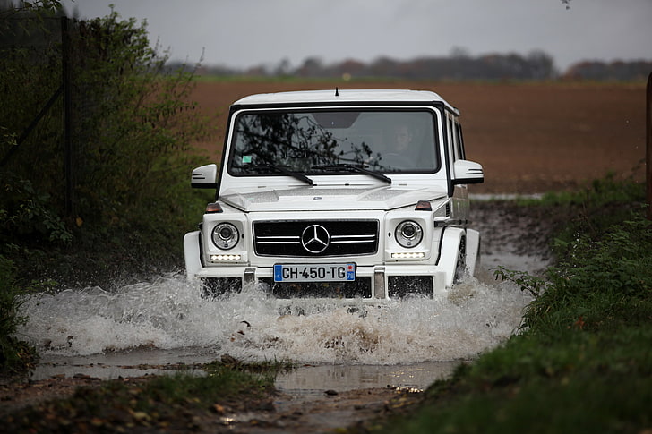 gray Mercedes-Benz G-Class SUV, white, water, squirt, the roads, HD wallpaper