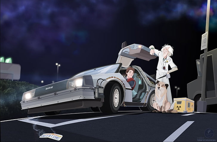 Rick and Morty digital wallpaper, Back to the Future, night, transportation