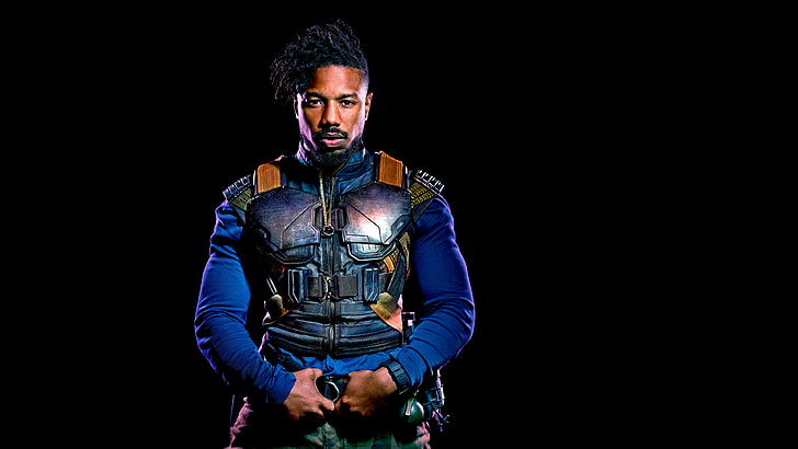 Michael B Jordan As Erik Killmonger In Black Panther 2018, black background, HD wallpaper