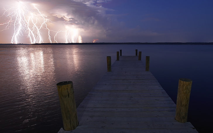 HD wallpaper: thunderstorm on body of water, pier, lightning, nature,  skyscape | Wallpaper Flare