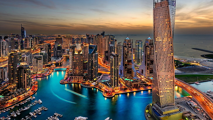 multi-storey building, city, Dubai, cityscape, city lights, skyscraper, HD wallpaper