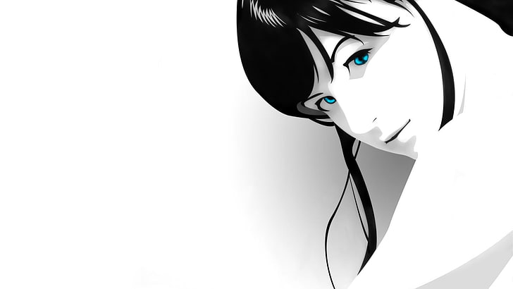 black haired woman illustration, animation, blue eyes, dark hair