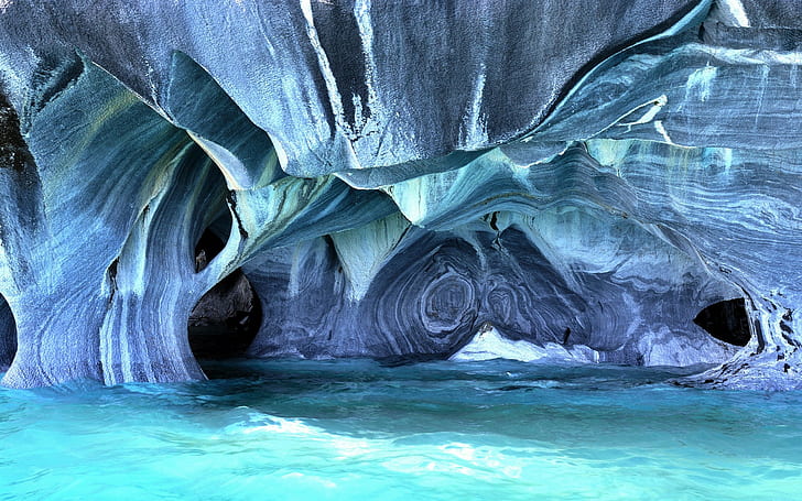 nature cave stones abstract rock marble patagonia south america blue sea waves chile turquoise, HD wallpaper