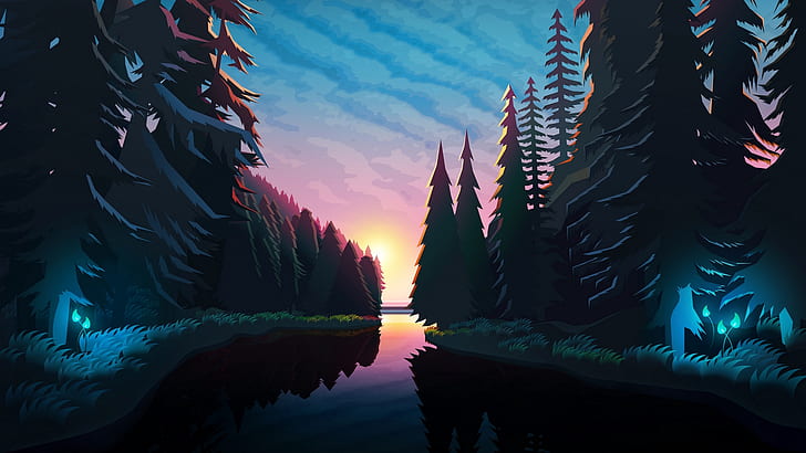 artwork, river, forest, sunset, trees, fantasy art