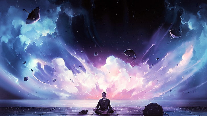 man in black suit jacket, fantasy art, meditation, water, sea