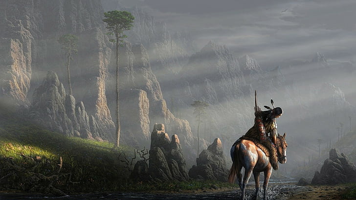 native american clothing nature artwork native americans trees animals horse men feathers arrows bows painting rock mountain stream sun rays warrior birds, HD wallpaper
