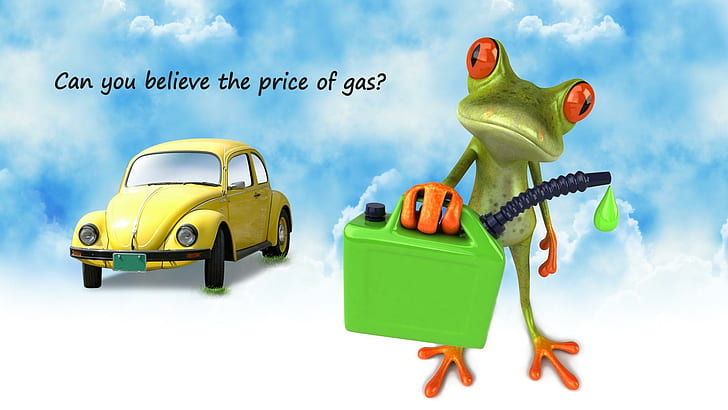 Frog Gas, yellow volkswagen beetle; green frog holding jerry can illustration, HD wallpaper