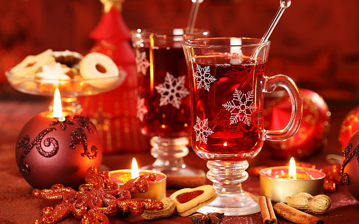 Christmas, New Year, drink, Christmas ornaments, candles, cookies, HD wallpaper