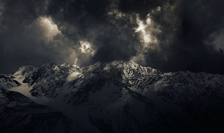 snowy peak, mountains, nature, landscape, storm, dark, summit, HD wallpaper