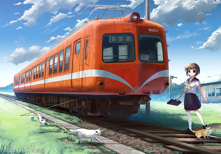 schoolgirl, school uniform, train, anime girls, cat, rail transportation