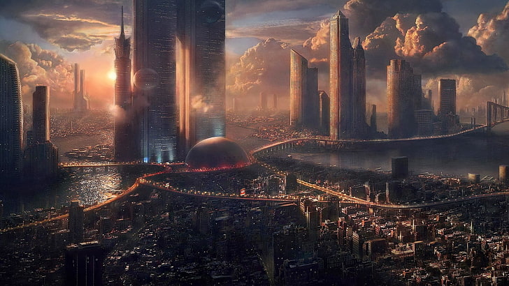 aerial view photo of city, futuristic, futuristic city, digital art