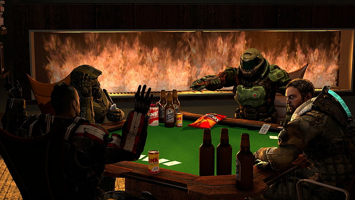 four characters plying cards on table artwork, Halo 5: Guardians