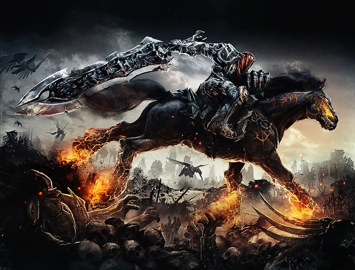 male character holding sword ride on horse wallpaper, rider, Darksiders