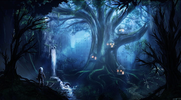 fantasy art, artwork, night, forest, HD wallpaper
