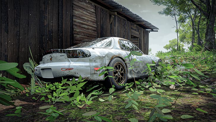 Mazda RX-7, rust, Forza Horizon 5, forest, jungle, drift, grass, HD wallpaper