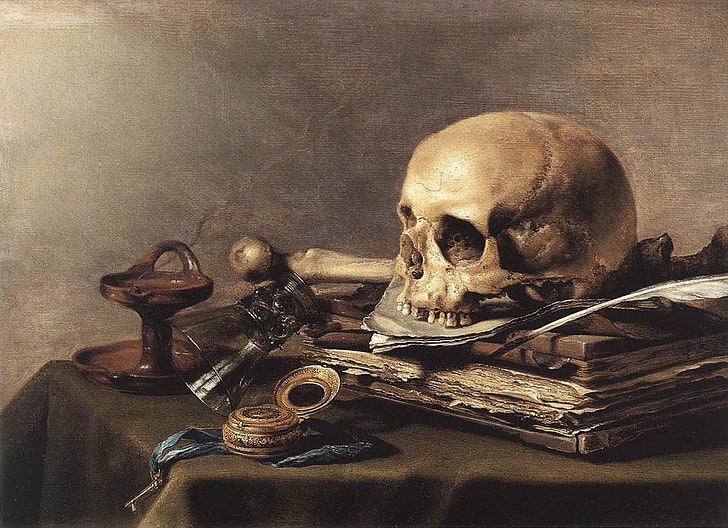 white skull and book painting, vanitas, bones, fantasy art, human skeleton