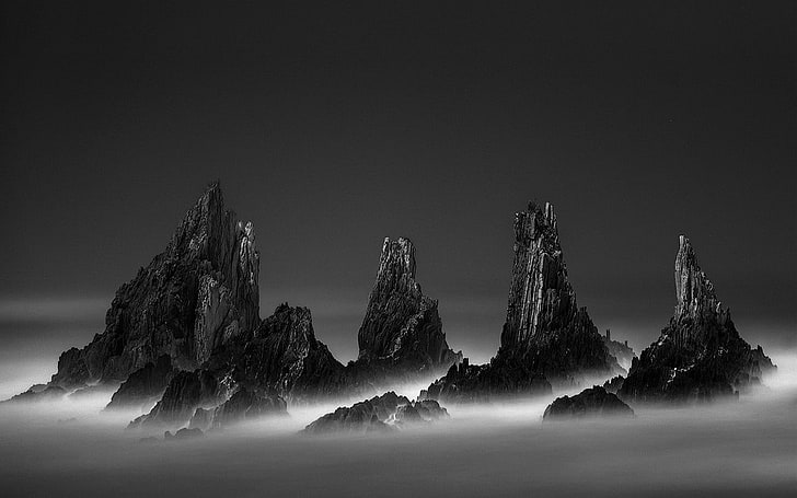 grayscale photo of rocky mountains, nature, landscape, mist, monochrome