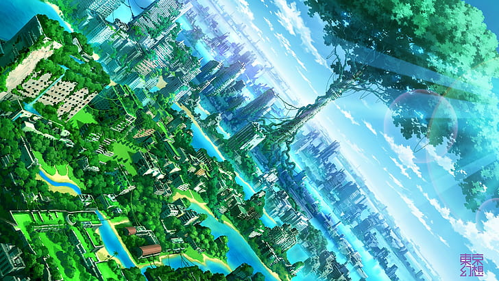 HD wallpaper: artwork, trees, anime, city, nature, fantasy art, cityscape |  Wallpaper Flare