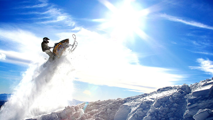 white and brown snowmobile, mountains, skidoo, jumping, sky, winter sport