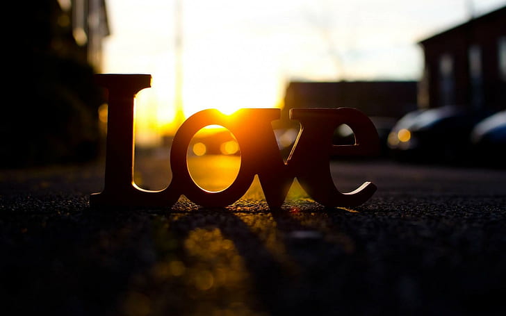 Love Letter Street Sunset, black wooden love freestanding letters, HD wallpaper
