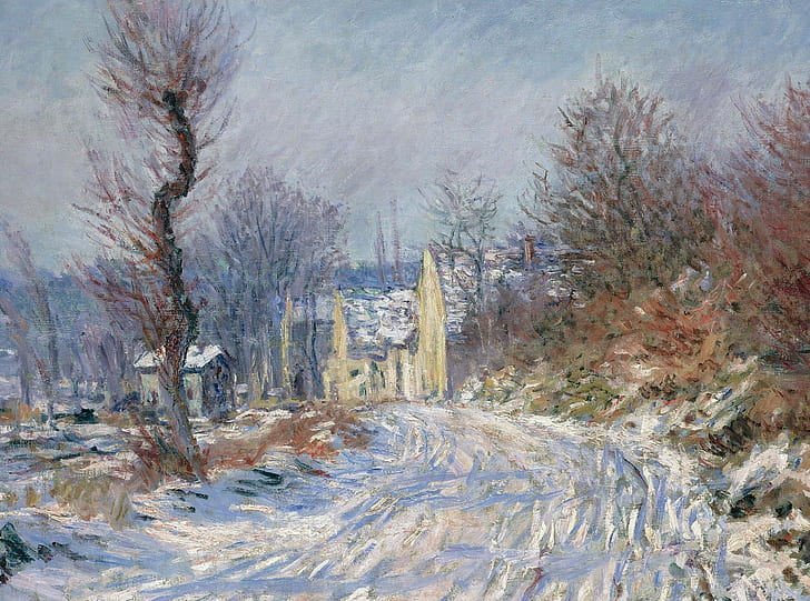 snow, landscape, house, tree, picture, Claude Monet, Road to Giverny in Winter, HD wallpaper