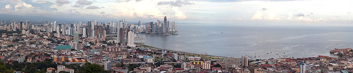 city, triple screen, Panama City, building exterior, water, HD wallpaper