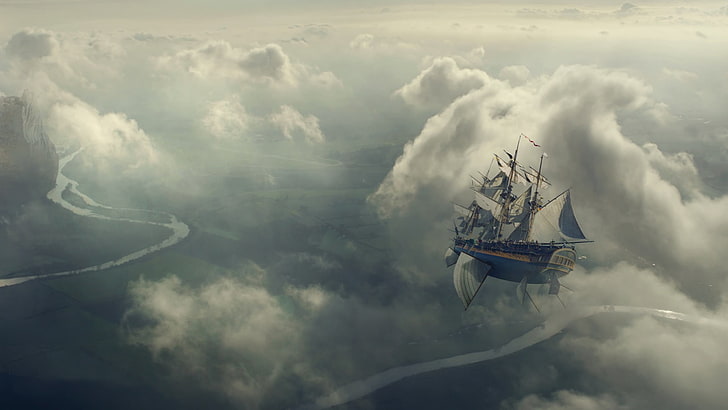 white and gray pirate ship flying on sky illustration, sailing ship