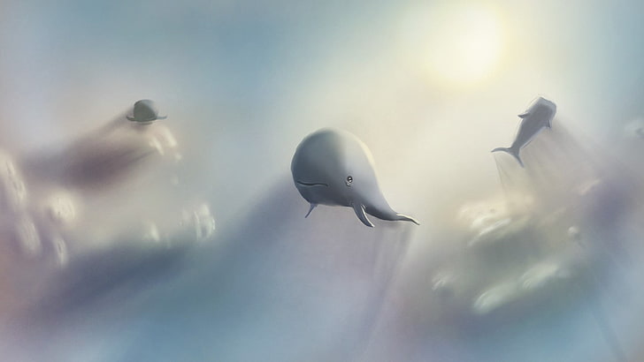 whale illustration, digital art, nature, flying, Moby Dick, clouds