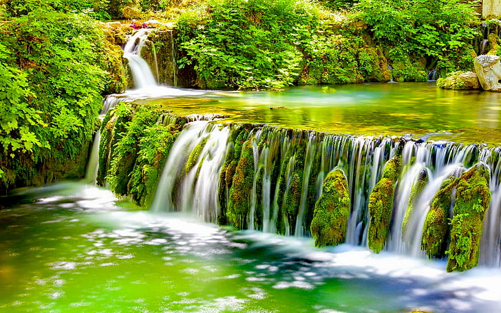 Beautiful Wallpaper Waterfall Overgrown With Green Vegetation Clear Water Green Forest Bushes Rocks With Green Moss 1920×1200
