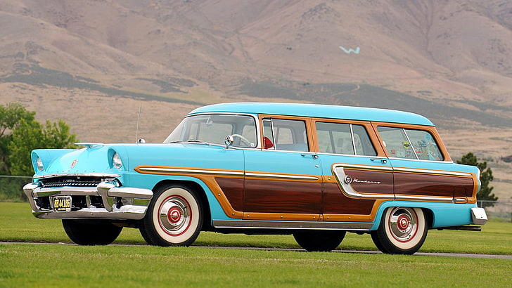 blue and brown station wagon, mercury monterey, family car, side view