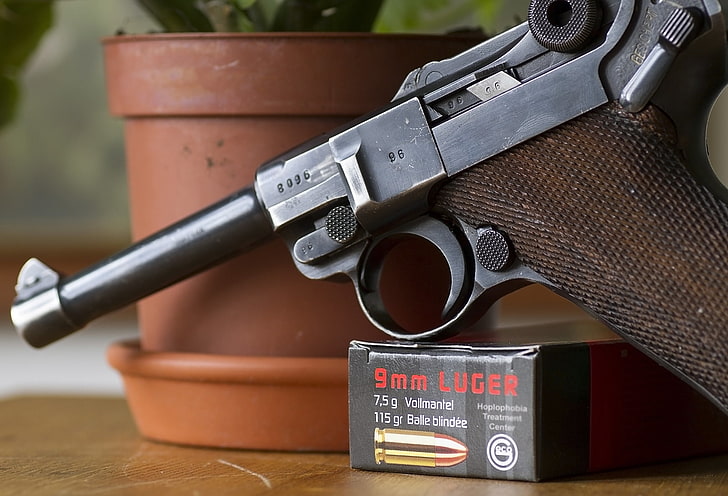 black Luger pistol, gun, weapons, Parabellum, P08, no people