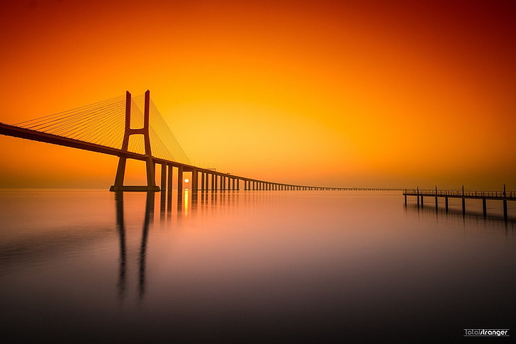 portugal lisbon vasco da gama bridge, sunset, water, bridge - man made structure