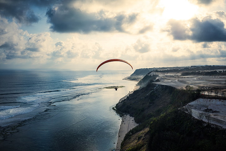 photography, mountains, beach, sea, paragliding, atlantic ocean, HD wallpaper