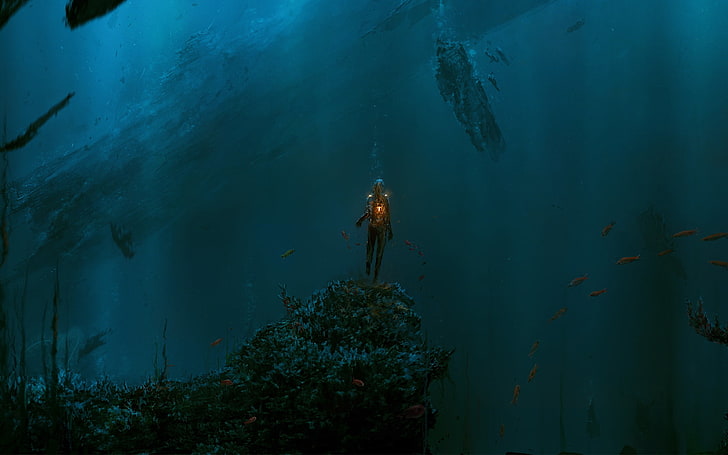 game application wallpaper, sea, divers, underwater, fish, artwork, HD wallpaper