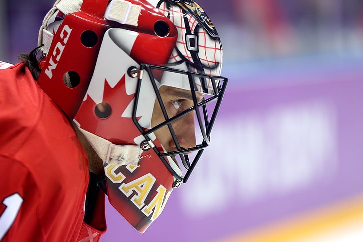 ice hockey, hockey mask, Roberto Luongo, brown eyes, red, focus on foreground