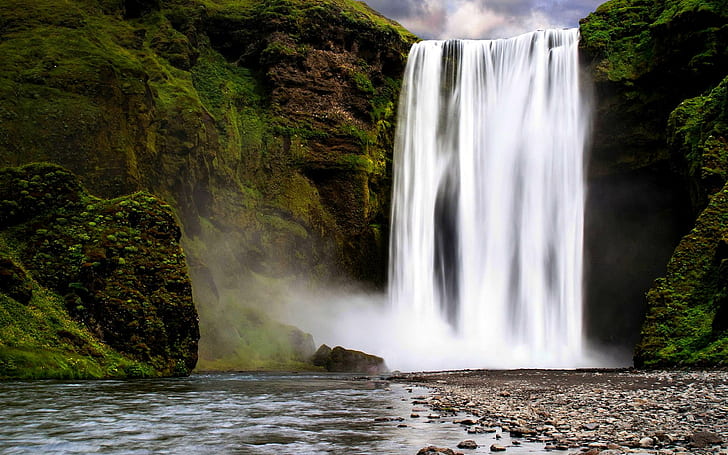 Great Waterfalls, water falls, mountain, forest, rock, river, HD wallpaper