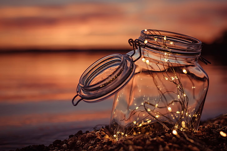 clear glass jar, sunset, Bank, garland, light bulb, no people
