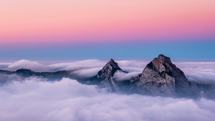 pink sky, cloudy, mountain, dawn, summit, ridge, horizon, HD wallpaper