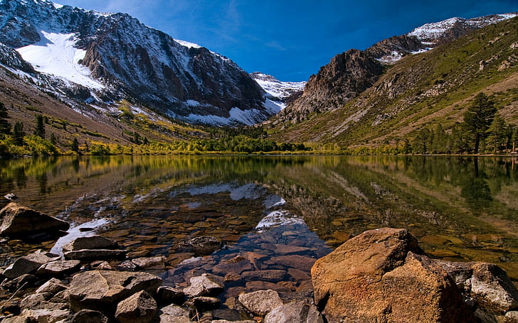 landscape, nature, lake, rocks, reflection, snowy mountain