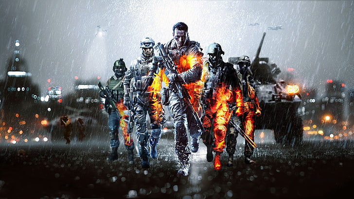 movie still screenshot, Battlefield 4, burning, wet, full length