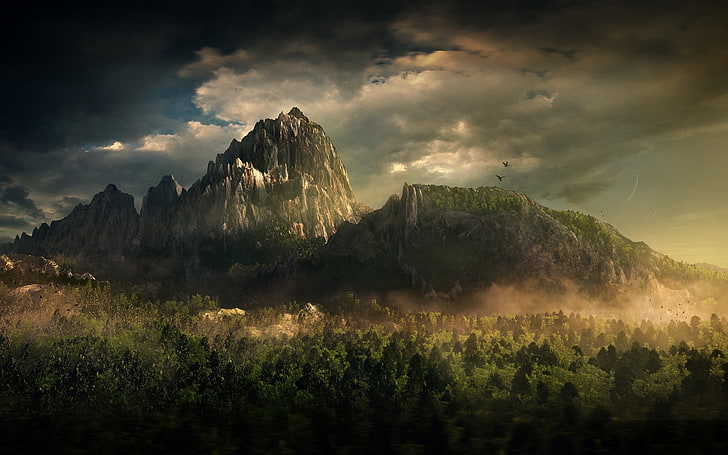 green mountain, mountains, birds, trees, clouds, fog, tops, nature, HD wallpaper