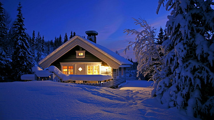 snowy, winter, home, sky, house, romantic, log cabin, snow capped