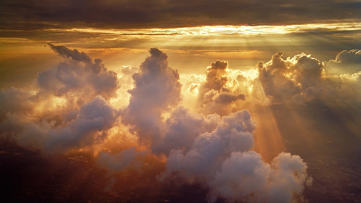 clouds under sunset, nature, sun rays, sunlight, aerial view, HD wallpaper